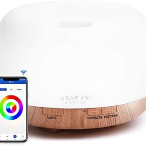ASAKUKI Wi-Fi Smart Essential Oil Diffuser Echo Alexa Control, 500ml 5 In 1 Ultrasonic Aromatherapy Fragrant Oil Vaporizer Humidifier, Timer and Auto-Off Safety Switch, 7 LED Light Colors