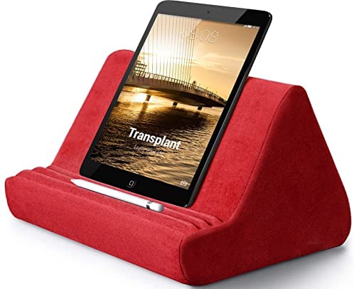 Soft Tablet Stand Pillow with Pocket,Tablet Cushion Stand,Adjustable 3 Viewing Angle,Lazy Holder Stand for Bed Sofa,Compatible with iPads Tablets eReaders Smartphones Books Magazines(Wine red)