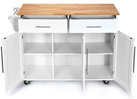 COSTWAY Kitchen Island Cart, Large Storage Trolley with 2 Drawers, 2 Cabinets, Knife Rack, 4 Lockable Wheels & Rubber Wooden Tabletop, Mobile Serving Utility Cart, 122 x 46 x 92cm (White) - Image 9