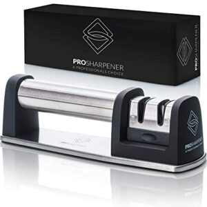 PRO Sharpener A Professionals Choice Manual Knife Sharpener 2 Stage Kitchen Accessory, Non-Slip Base, Stainless-Steel, Straight and Serrated Knives, Including Diamond Life-time Guarantee
