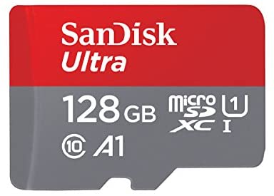 SanDisk 128GB Ultra microSDXC memory card+SD adapter. Up to 120MB/S Read Speed, Class 10, U1, A1 approved, Red/Grey