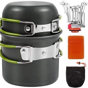 Shayson Camping Stove + Pan, Portable Outdoor Backpacking Cookware Hiking Cooking Stove Butane Propane Burner for Gas Canister With Piezo Ignition