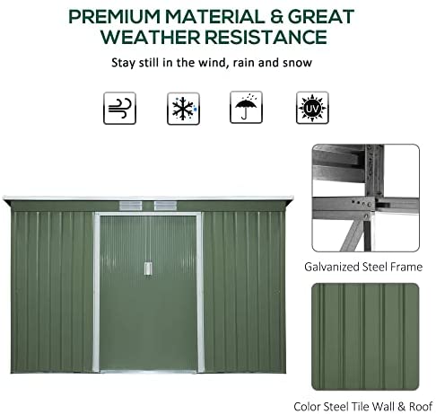 Outsunny 9ft x 4ft Corrugated Garden Metal Storage Shed Outdoor Equipment Tool Box with Kit Ventilation & Doors Light Green - Image 4