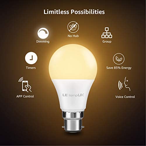 LE Smart Bulb, B22 Smart Light Bulb Bayonet, Works with Alexa and Google Home, Dimmable App and Voice Control WiFi LED Bulbs, 9W = 60W, 806lm, Warm White 2700K, No Hub Required, Pack of 2 - Image 7