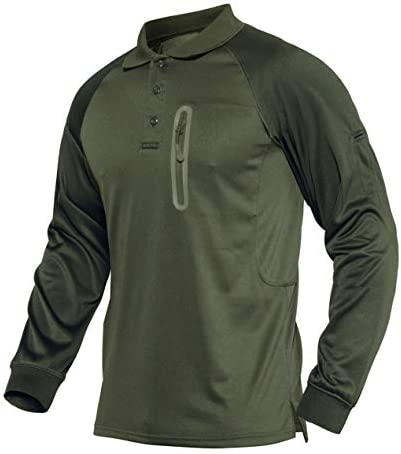 KEFITEVD Long Sleeve Polo Shirts for Men Casual Gofl Work Tops Button Down Army Fishing T-Shirt with Zip Pocket