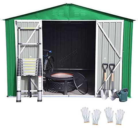 BIRCHTREE Garden Shed Metal Apex Roof Outdoor Storage With Free Foundation (GREEN, 10X8FT) - Image 3