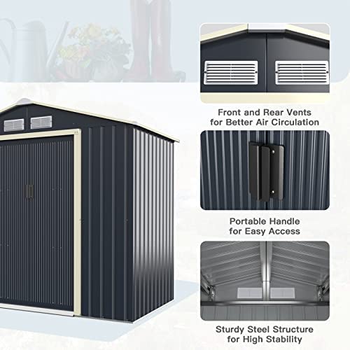 COSTWAY 4’x7’/6’x9’ Metal Storage Shed, Outdoor Lockable Tool Storage Box with 4 Vents, Double Sliding Door and Sloped Roof, Weatherproof Garden Shed House Hut (4 X 7 FT) - Image 4