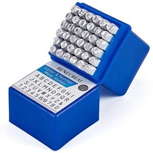 BENECREAT 36PCS 4mm Letter and Number Metal Stamp Set Matte Carbon Steel Punch Stamp with A-Z, 0-8, Ampersand for Imprinting Marking on Metal Wood Leather
