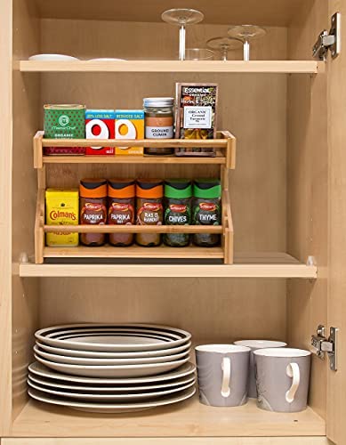 2 Tier Bamboo Spice Rack, Wooden Spice Holder Organizer for Seasoning Jars, Spices, Sauce Bottles, Counter top or Wall Mount Dual Tiered Storage Shelf for Kitchen - Image 3