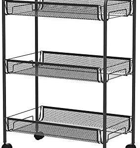 PALAKLOT 3/4/5 Tier Compact Space-Saving Storage Rolling Household Cart With Heavy Metal Wires Mesh Basket Trolley With Wheels 45cm(W) 26cm(D) 63cm(H) Black (3 - Tier)