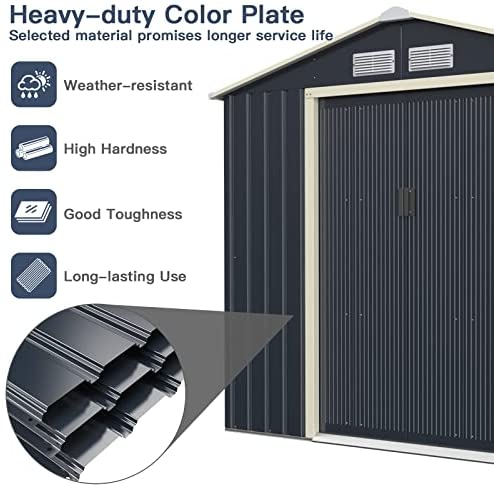 COSTWAY 4’x7’/6’x9’ Metal Storage Shed, Outdoor Lockable Tool Storage Box with 4 Vents, Double Sliding Door and Sloped Roof, Weatherproof Garden Shed House Hut (4 X 7 FT) - Image 2
