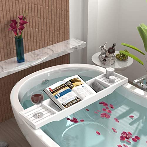 Bamboo Bath Caddy Tray Bridge - White Bath Caddy Wooden Bamboo Bathtub Tray Rack Tidy Bathroom Shelf Organizer Storage Bath Table for Reading , Tablet, Kindle, Wine Glass Bath Accessories - Image 7