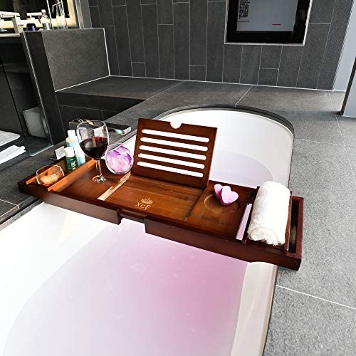 XcE Bath Caddy Tray (Brown) With Solid Bamboo book stand - Bamboo Wood Bath Tray and Bath Caddy - Image 5