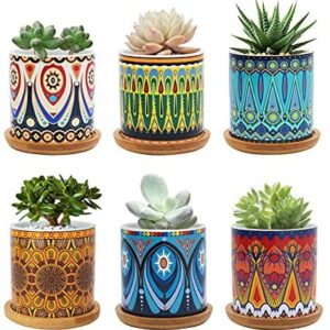 Warmplus 7.5CM Succulent Plant Pot, Ceramic Mandala Pattern Cactus Plants Pot, Small Plant Pots for Indoor Outdoor Plants with Bamboo Tray, and Great for Home Office Decor, Set of 6