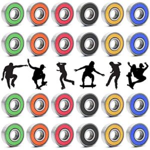 Jiehaojia 24pcs 608RS Skateboard Bearings,Roller Skate Wheels Scooter Abec-9 Rubber Sealed Metal Spare Bearing for Skate Boards,Kick Scooter,Roller Skates(Black Blue Red Green Orange Yellow)