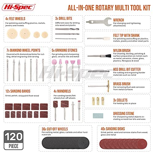 Hi-Spec 121 Piece 170W 1.4A Corded Rotary Power Tool Kit Set with Dremel Compatible Bit Accessories. Drill, Cut, Trim, Grind & Sand in DIY Repairs, Hobbies & Craftwork - Image 2