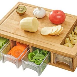 NOVAYEAH Bamboo Cutting Board with 4 Containers, Large Chopping Board with Juice Grooves, Easy-grip Handles & Food Sliding Opening, Carving Board with Trays for Food Storage, Transport and Cleanup