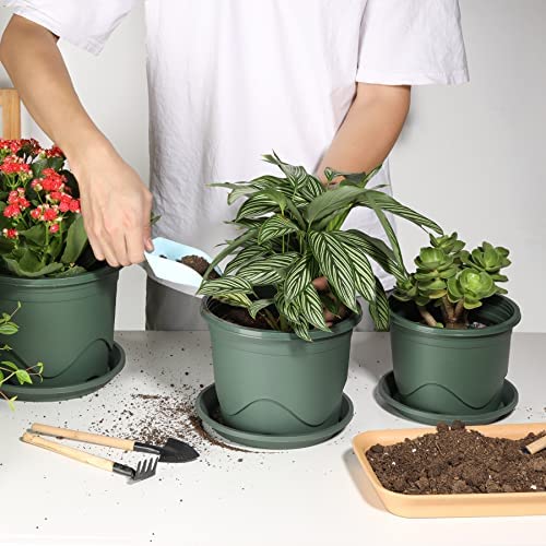 T4U 19CM Plastic Plant Pot with Saucer Set of 6, Root-Control Nursery Seedling Planter Decorative Garden Flower Pot Container Green for Indoor Outdoor Bonsai Plants, Aloe, Herb, Orchid and More - Image 2