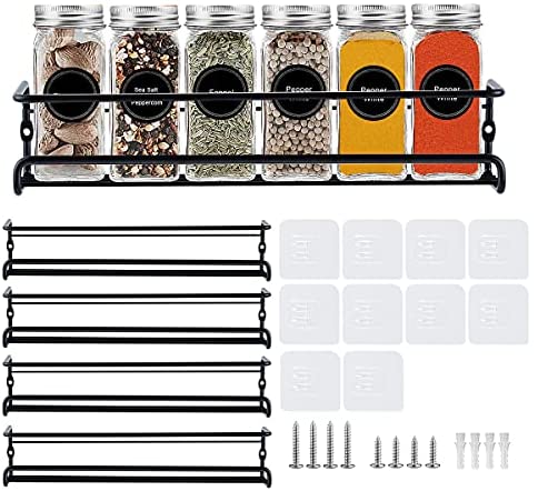 BAORELST Spice racks Organizer 4 Tier Wall Mounted Condiment Holder With Adhesive Sticker and Screws for Kitchen Condiments & Inside Cupboard Spice Organizer Tidy (Black)