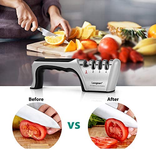longzon Knife Sharpener, Professional 4 Stage Manual Sharpener for Sharpening Kitchen Knives and Scissors with Cut Protection Gloves for Chef and Home- Gray - Image 6