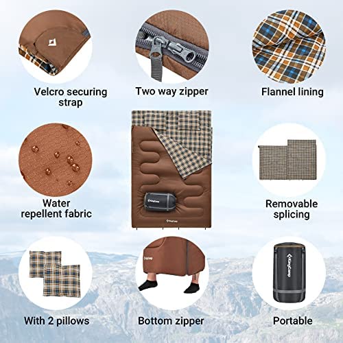 KingCamp Double Sleeping Bag with 2 Pillows Cotton Flannel 4 Season, Sleeping Bags for Adults Kids Winter Warm Waterproof Lightweight Extra-Large 2 Person for Camping Backpacking Hiking Indoor Outdoor - Image 3