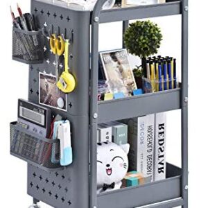 KINGRACK Storage Trolley, 3-Tier Rolling Cart, Utility Cart Metal Shelving with Peg board Hooks Baskets Handles Locking Wheels, Mobile Storage Rack for Kitchen Office Garage Home (Grey)