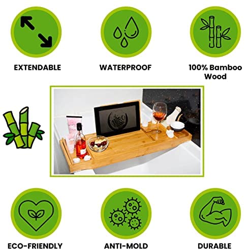 Miro Wooden Bath tray and Laptop bed desk Bath caddy tray with ipad holder wine glass and book rest Extendable bath board for home spa Natural bamboo bath rack with folding legs - Image 4