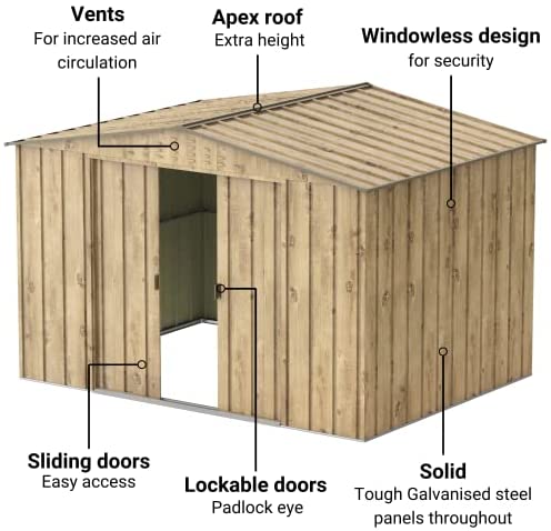 BillyOh 10x8 Garden Storage Shed Outdoor Metal Shed Apex Roof Bike Shed Tool Box Storage Woodgrain Sheds with Sliding Doors (10 x 8FT) - Image 3