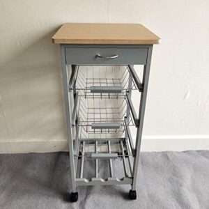 HYGRAD BUILT TO SURVIVE Kitchen Trolley White/Grey Wooden 3 Tier Rolling Basket Organiser Cabinet Cart (3 Basket + 1 Wine Rack) (Grey)