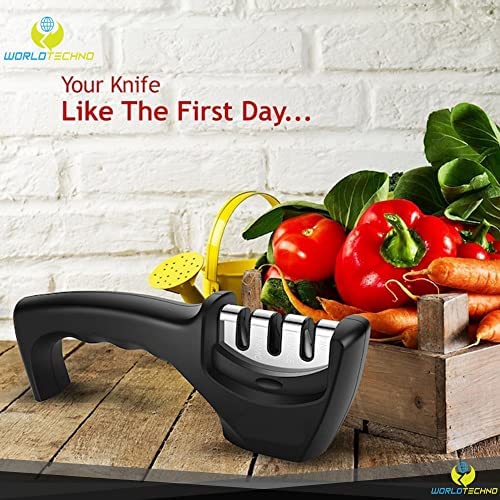 World Techno 3-Stage Knife Sharpener for Sharpening Kitchen Knives - Ergonomic Design with Strong Base Grip - Manual Knife Sharpening Tool to Repair, Restore and Polish Blades - Image 6