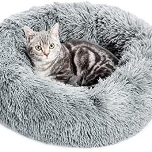 Vanansa Small Cat Bed for Indoor Cats, Self-Warming Donut Kitty Bed for Small Cats Improving Sleep and Keeping Warm, Washable Pet bed with Anti Slip Base, Grey 40cm