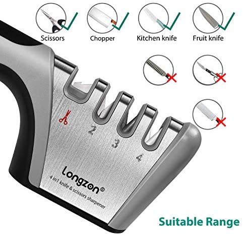 longzon Knife Sharpener, Professional 4 Stage Manual Sharpener for Sharpening Kitchen Knives and Scissors with Cut Protection Gloves for Chef and Home- Gray - Image 3