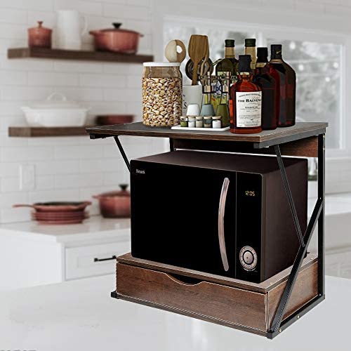 Baker's Rack Microwave Oven Rack with Drawer, Kitchen Counter Storage Organizer, 2-Tier Wood Kitchen Shelf Rack for Kitchen, Dark Oak - Image 2