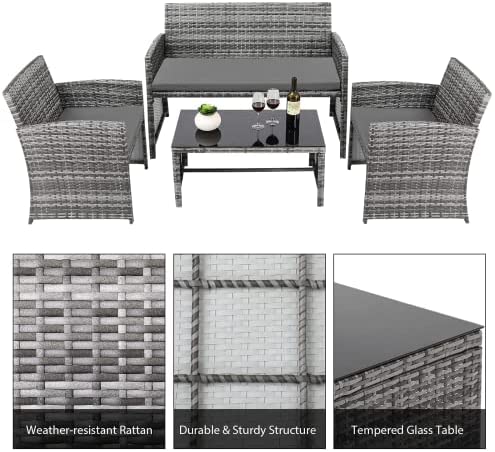 4 PCS Rattan Garden Table and Chairs, Outdoor Patio Furniture Set, with 1 x Double Sofa, 2 x Armchairs, 1 x Coffee Table, For Outdoor Lawn Poolside - Image 3