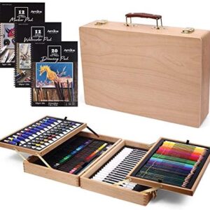ARTIBOX 134 Pieces Deluxe Art Set, Supplies with Beech Wooden Case, Painting Drawing Art Kit Includes Watercolor Pencils, Woodless Graphite Pencils, Water-Soluble Oil Pastels for Adults Kids