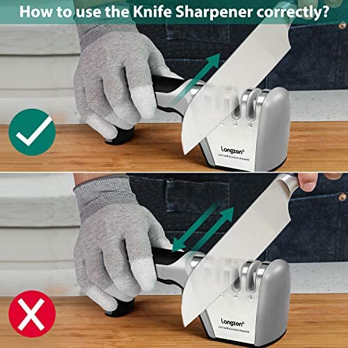 longzon Knife Sharpener, Professional 4 Stage Manual Sharpener for Sharpening Kitchen Knives and Scissors with Cut Protection Gloves for Chef and Home- Gray - Image 4