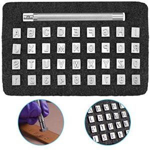 GOLRISEN 37 Pcs Number and Letter Stamp Punch Set Clay Stamps Leather Craft I Metal Steel Punch Tools 6mm 26 Letters Alphabet 10 Numbers Leatherworking Saddle Making Tools for DIY Carving Embossing