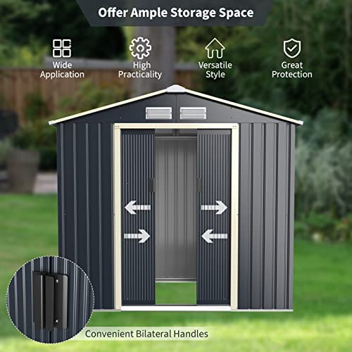 COSTWAY 4’x7’/6’x9’ Metal Storage Shed, Outdoor Lockable Tool Storage Box with 4 Vents, Double Sliding Door and Sloped Roof, Weatherproof Garden Shed House Hut (4 X 7 FT) - Image 5