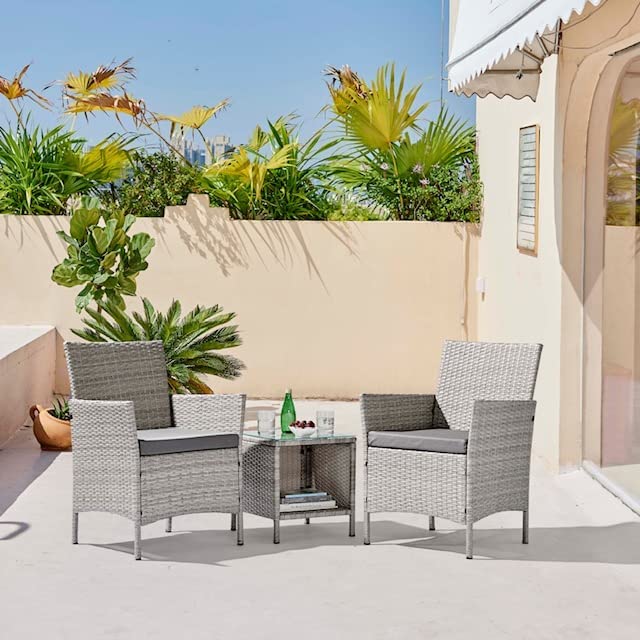 GardenCo 2 Seat Bistro Set - Outdoor Garden Furniture with Low Drinks Table, Cushions and Two Chairs - Rattan Weave (Grey) - Image 7