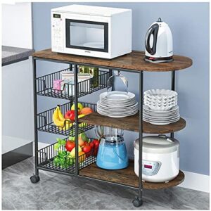 Coffee Station 3-Tier Kitchen Island Cart Trolley, Rolling Bakers Rack, Utility Microwave Oven Spice Storage Shelf with 3 Metal Baskets W 83cmx D 37cm x H 84cm