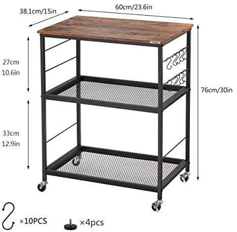3-Tier Industrial Kitchen Cart with Storage, Vintage Microwave Oven Stand on Wheels, Rolling Baker’s Rack with Metal Frame and 10 Hooks, Coffee Cart for Living Room Restaurant - Image 2
