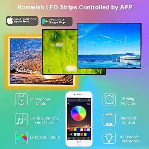 TV LED Backlights 3M, Romwish 9.8FT LED Strip Lights with Bluetooth APP Control for 40-60 inch TV, 16 Million Colors, Music Sync Color Changing + Timing Function, Adapter USB Powered - Image 4