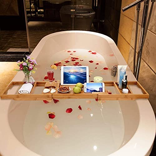 TILEMALL Bathtub Caddy & Laptop Bed Desk - 2 in 1, Bath Tray Built-in Stand for Books or Tablets, Bathtub Holder and Organizer with Smartphone and Wine Glass Holder, Tablet Holder - Image 7