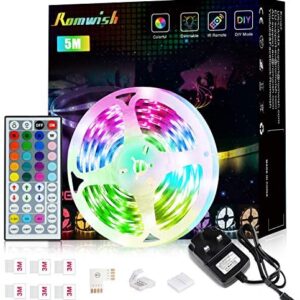LED Strip Lights with Remote 5M,Romwish Flexible Color Changing Led Lights for Bedroom, 5050 RGB Led Tape Lights with 44key IR Remote, 24V Power Supply RGB Led Light for Room, Bar, TV, Kitchen, Party