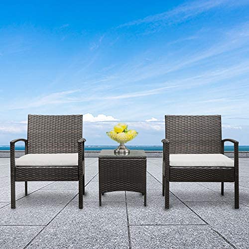 Bonnlo 3 Pieces Rattan Outdoor Garden Furniture Set Patio Conversation Set with Coffee Table, All-Weather Rattan Chair Patio Wicker Sofa Set for Yard,Pool or Backyard - Image 5