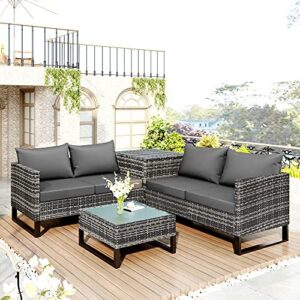 4 Seater Outdoor Rattan Garden Furniture Set Patio Conservatory Modular Corner Sofa Coffee Table Storage Box Weather Proof Rattan Wicker Weave Steel Frame with Grey Cushions