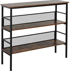 HOMCOM 3-Tier Industrial Style Storage Display Shelf Metal Frame Adjustable Feet Back Panels Smooth Surface Home Office Stylish Black Brown