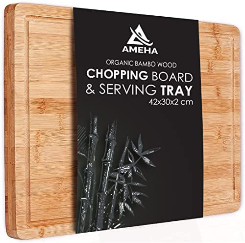 Ameha Bamboo Chopping Board with Juice Groove (42x30x2cm) Pre Oiled for Food Prep, Meat, Vegetables, Bread, Crackers & Cheese Cutting