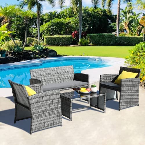 4 PCS Rattan Garden Table and Chairs, Outdoor Patio Furniture Set, with 1 x Double Sofa, 2 x Armchairs, 1 x Coffee Table, For Outdoor Lawn Poolside