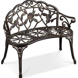 Yaheetech Aluminum Garden Bench Outdoor Patio Bench Metal Furniture Seating with Antique Rose Design, for Lawn, Front Porch, Path, Bronze
